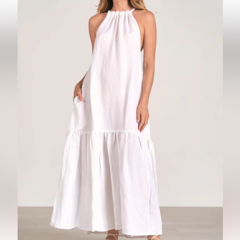 Elan NWT Size Medium White linenโ Halter Pleated Halter Maxi Dress
